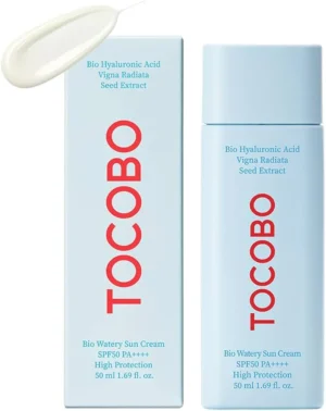 Tocobo Bio Watery Sun Cream SPF 50+ PA++++ con su caja original color celeste.