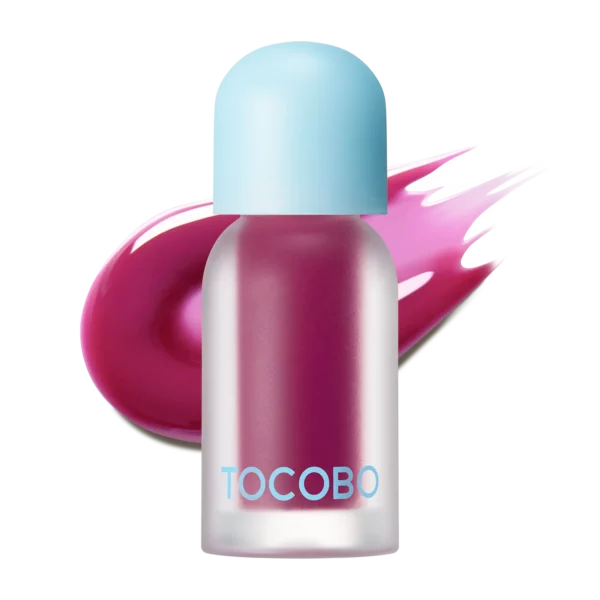 Tocobo Juicy Berry Plumping Lip Oil tono Berry Brandy 02 con fondo de textura frutal.
