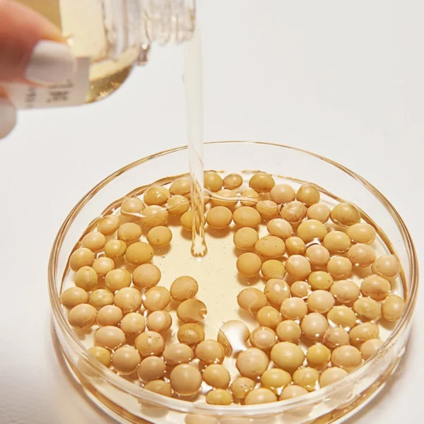 Placa de Petri con semillas mientras se vierte Mixsoon Bean Essence 30 ml sobre ellas, fondo claro
