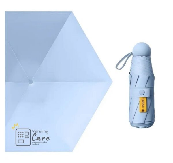 sombrilla con logo vending care de color celeste