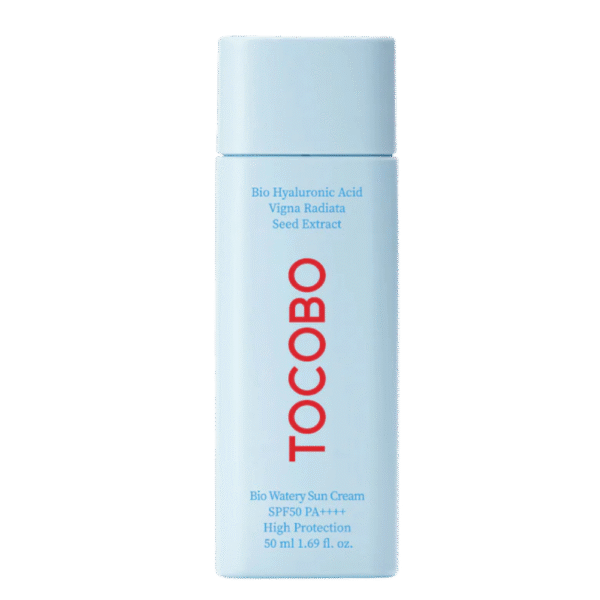 Protector solar facial Tocobo Bio Watery Sun Cream SPF50+ PA++++ en su envase original sobre fondo blanco.