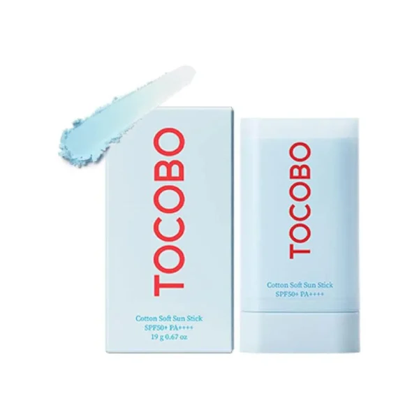 Bloqueador solar Tocobo Cotton Soft Sun Stick con su empaque original color celeste
