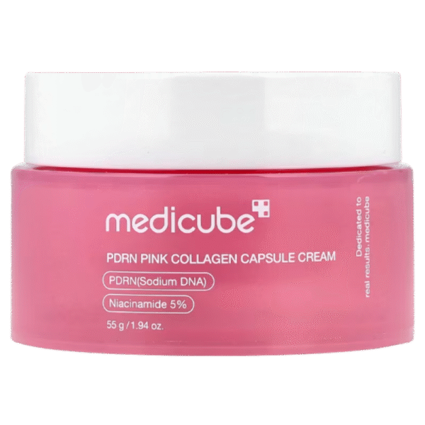 Medicube-PDRN-Pink-Collagen- Capsule- Cream Crema facial Medicube PDRN Pink Collagen Capsule Cream con cápsulas de colágeno para cuidado de la piel.