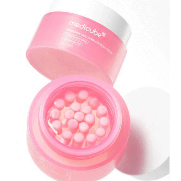 Cápsulas de colágeno – Medicube PDRN Pink Collagen Capsule Cream Cápsulas rosadas visibles en la crema facial Medicube PDRN Pink Collagen Capsule Cream