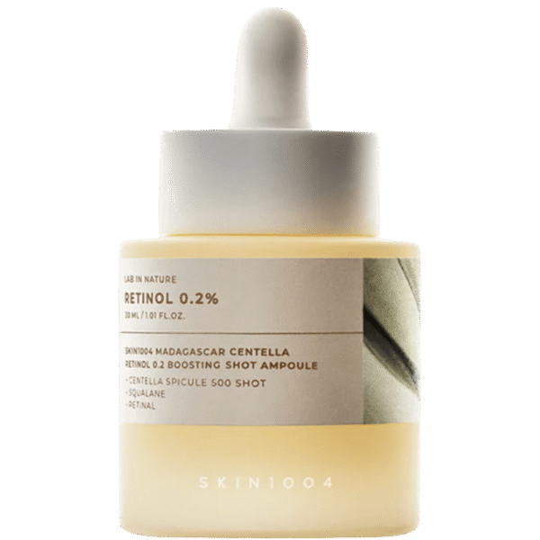 “Ampoule Skin1004 Madagascar Centella Retinol 0.2 Boosting Shot en frasco de suero facial.
